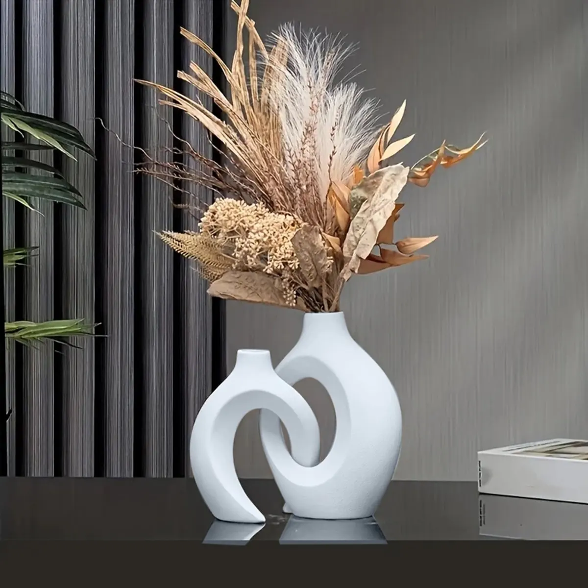 HITL Nordic Modern Plastic Vase Set of 2 for Decor,Plastic Imitation Ceramic Hollow Flower Vases for Living Room