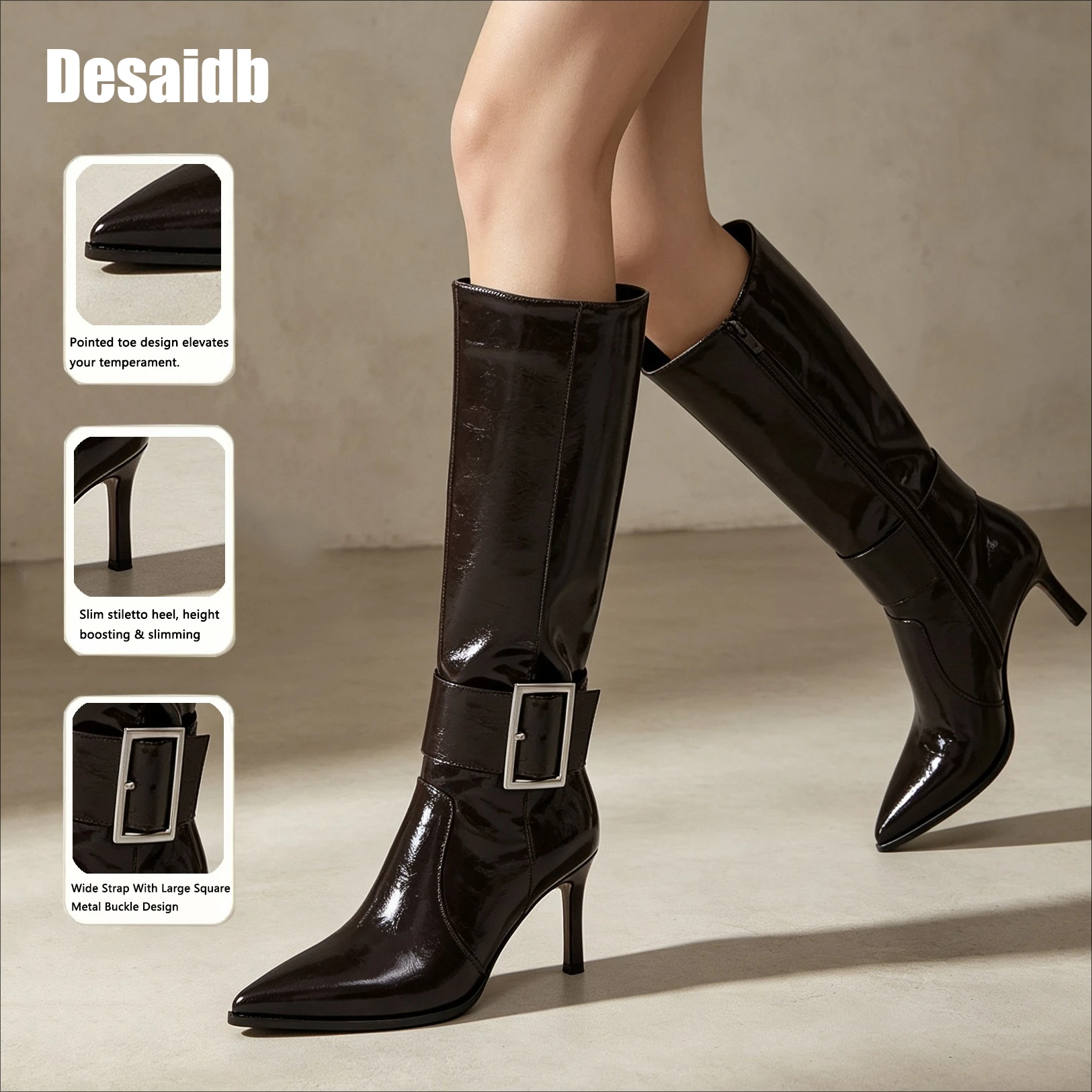 Desaidb Women's Patent Leather Pointed Toe Knee High Dress Boots, Stiletto Heel with Square Buckle, Premium Elegant Tall Boots