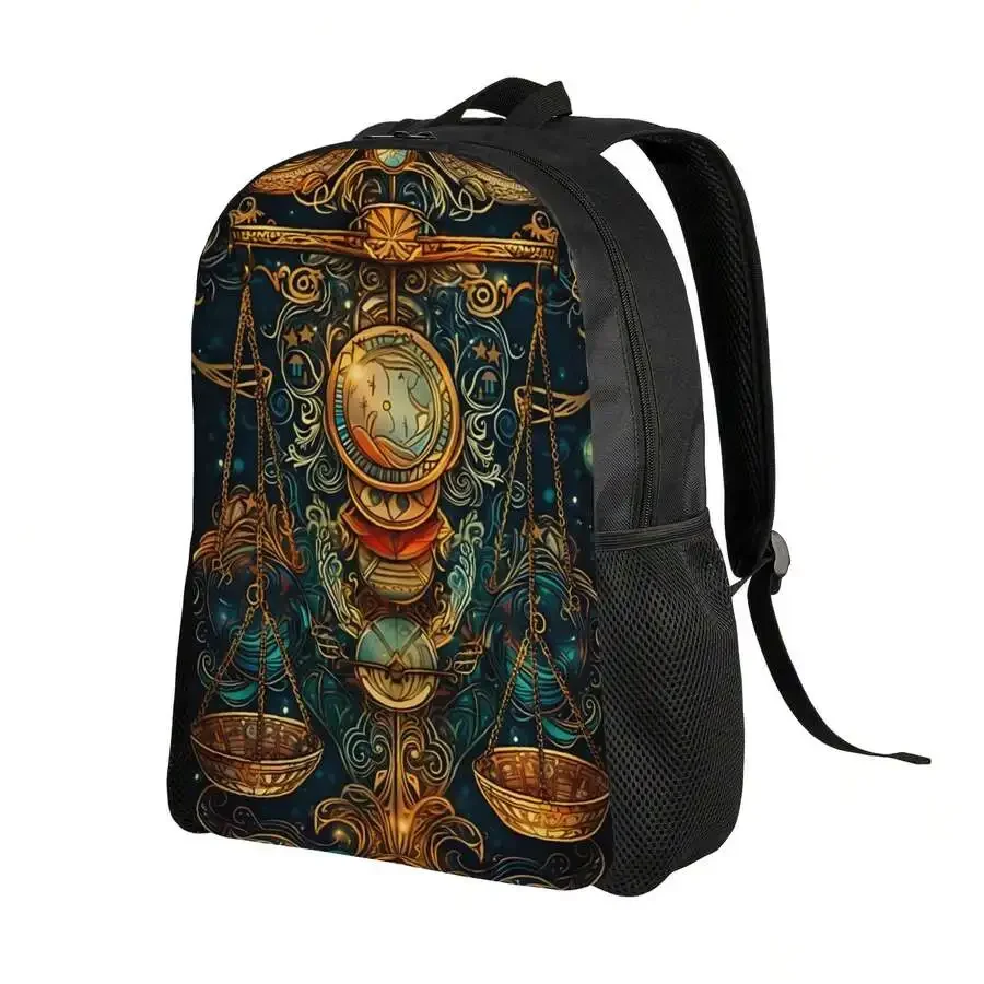 Astrology Themed Backpack With Balance Scale Design Turquoise Blue And Gold Tone Casual Daily Use