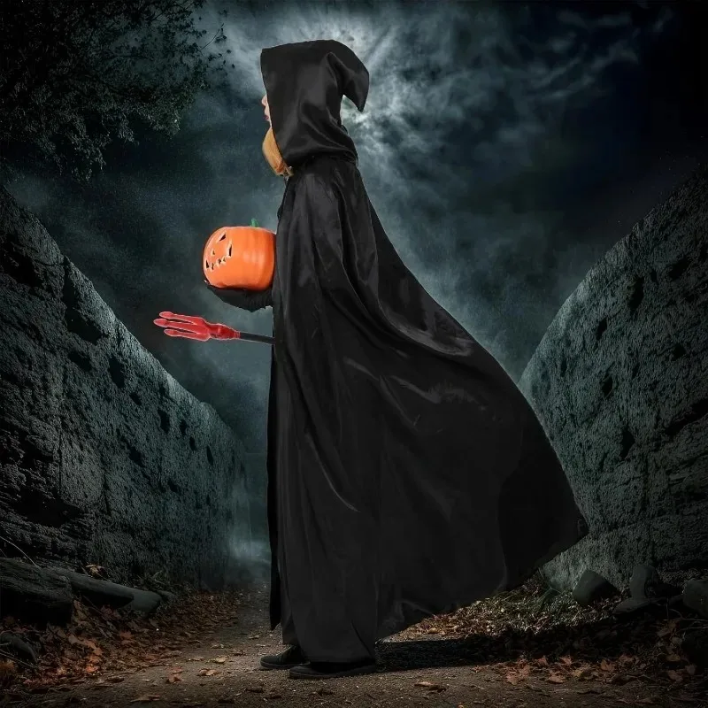 Full Length Witch Cloak with Hood Halloween Reaper Costume Cape Robe Cosplay Outfit for Party Stage Dress Up