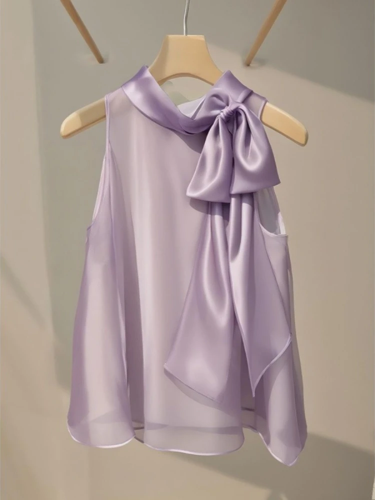 Light Cooked French Style Niche Chiffon Sleeveless Shirt for Women Unique and Beautiful Ethereal and Fluttering Bow Top