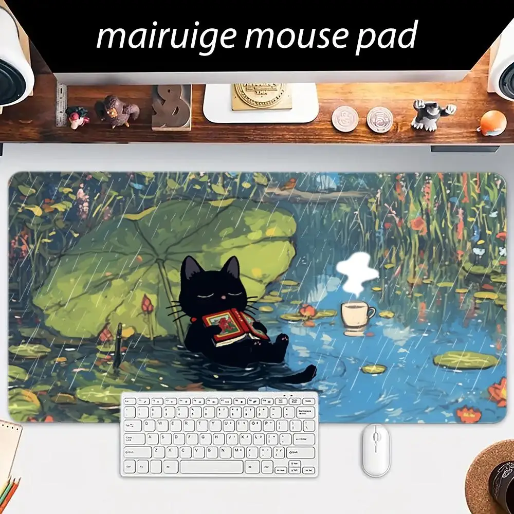 漫画風黒猫マウスパッド 大型コンピューターオフィスゲームテーブルマット XXL ラバー滑り止めステッチエッジキーボードマット ロングデスクパッド