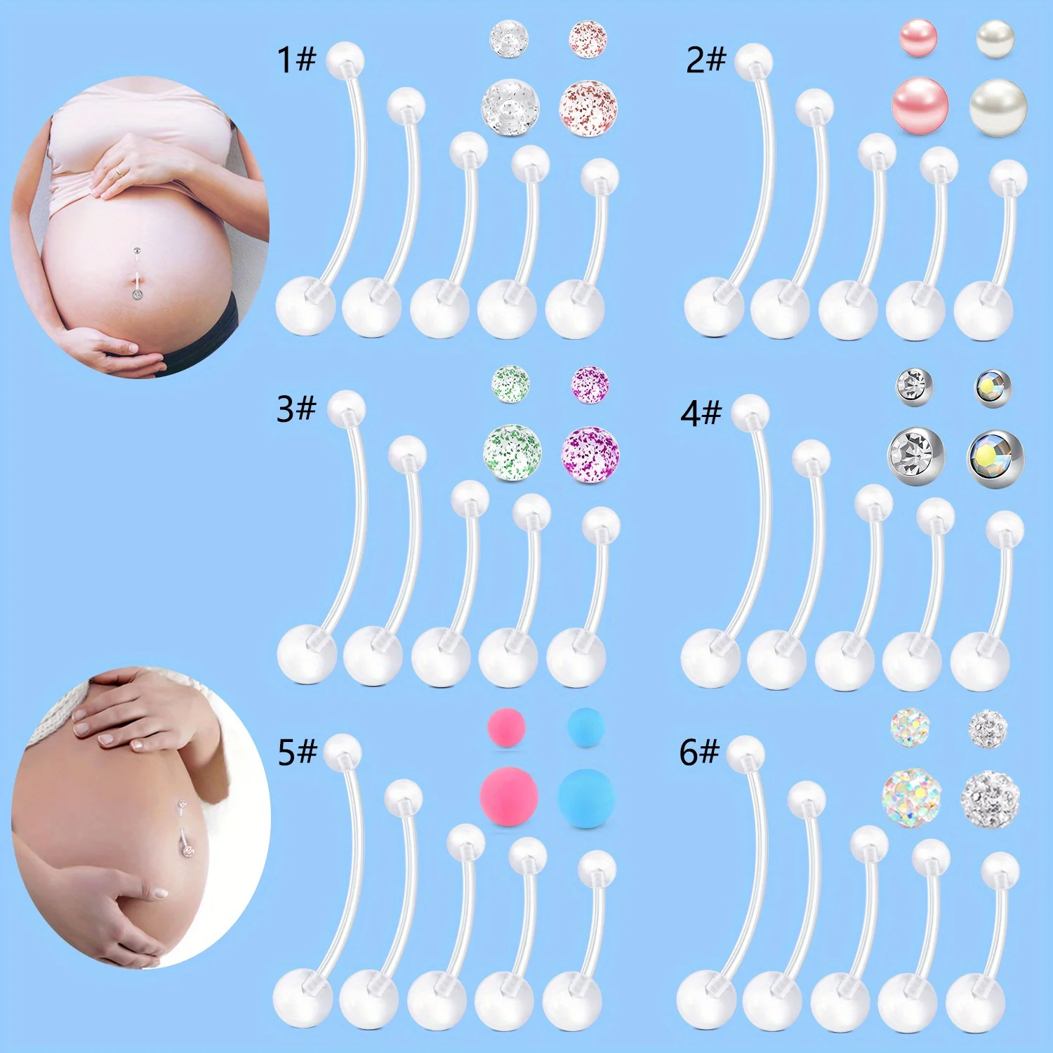 Maternity Belly Piercing Jewelry Set, Flexible Clear Navel Rings with Synthetic Cubic Zirconia Balls, Plastic Belly Button Rings