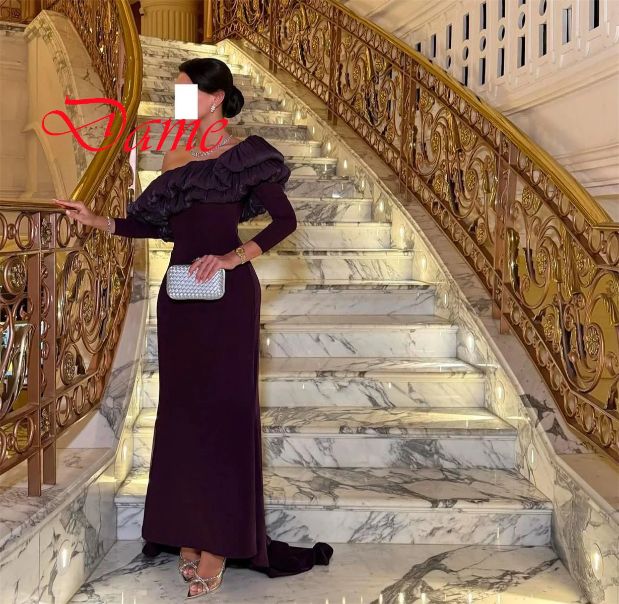 Customized Exquisite Purple Jersey Evening Dress Delicate Strapless Off the Shoulder Long Sleeves Zipper Back Homecoming Dress