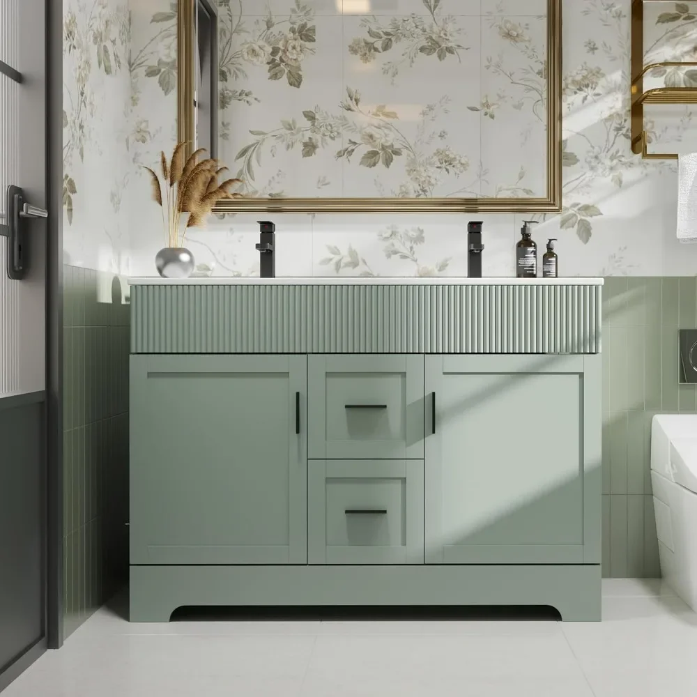 

48" with Updated Painted Surface, Modern Cabinet w/Wave Lines, Undermount Double Resin Sink w/Matte Black Faucet Drain, Green