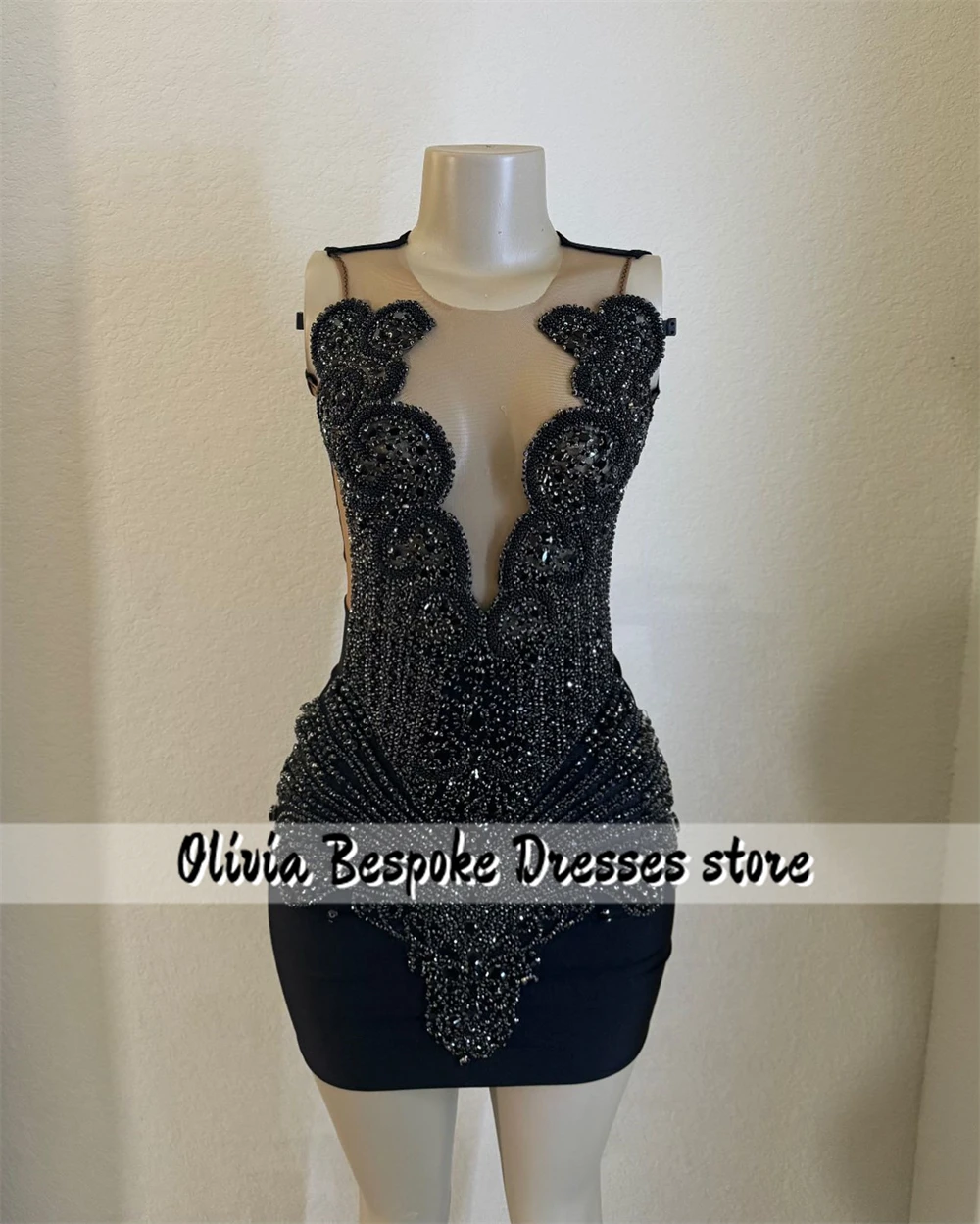 Illusion Black Mini Cocktail Prom Dresses Beaded Rhinestones Homecoming Dress Black Girls 2025 Birthday Luxury Dress Customized