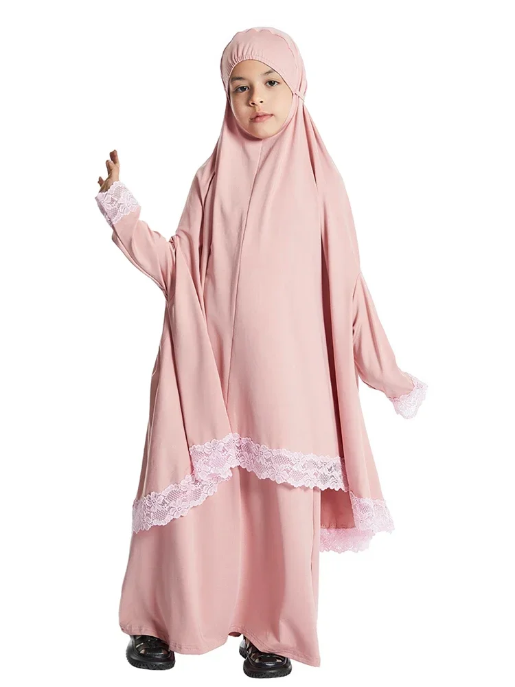 Imagem -02 - Muçulmano Crianças Meninas Hijab Vestido Ramadan Khimar Saia Conjunto Sobrecarga Eid Oração Vestuário Burqa Abaya Robe Kaftan Vestido com Capuz Jilbab