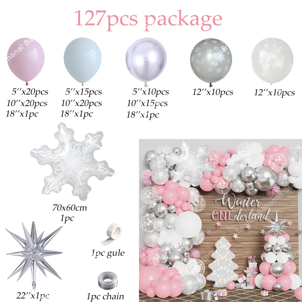 127pcs Pink Christmas Balloon Garland Arch Snowflake Foil Balloon Ice Princess Girls Birthday Baby Shower Winter Christmas Decor