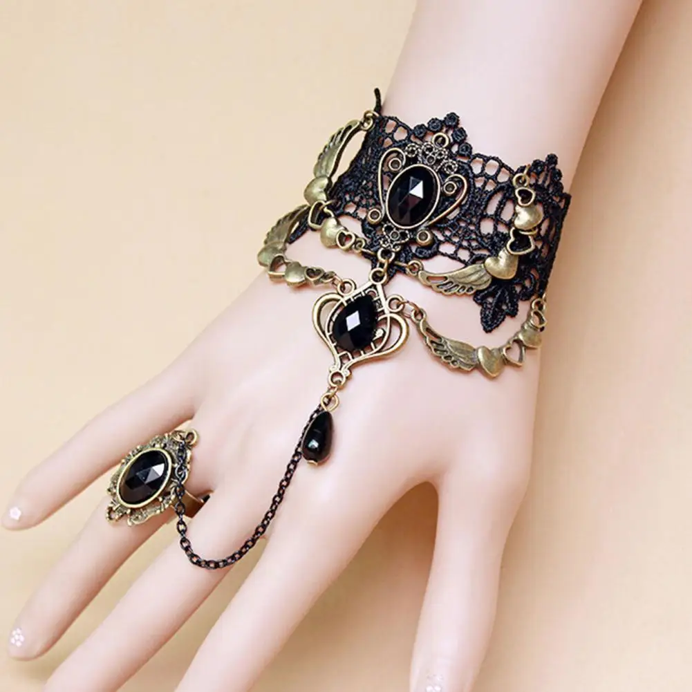 Faux Gem Black Lace Ring Bracelet Women Gothic Punk Style Necklace Bracelet Jewelry For Women Party Dress Up