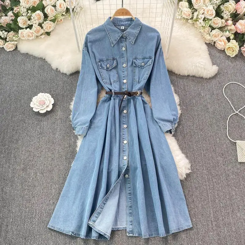 French Vintage Denim Skirt Polo Collar Midi Dress Slimming Single Button Knitted Fabric Spring Autumn Fashion Mature Style