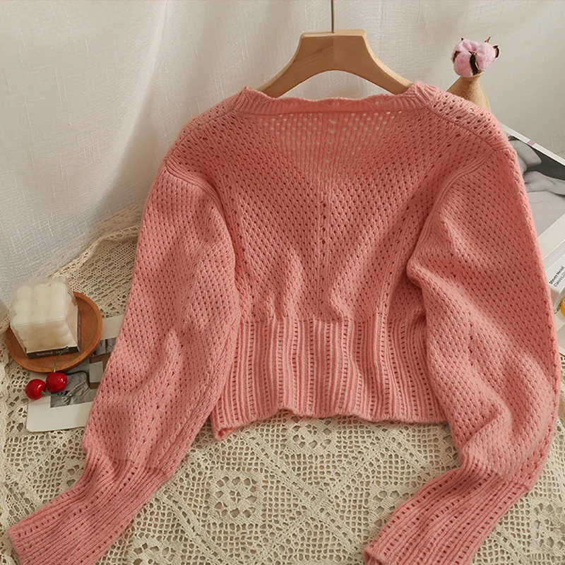 Rin Confa Women New Knitting Tops Sweet Style Hollow Out Single Breasted Sweater V-Neck All-Match Short Long Sleeve Top Women