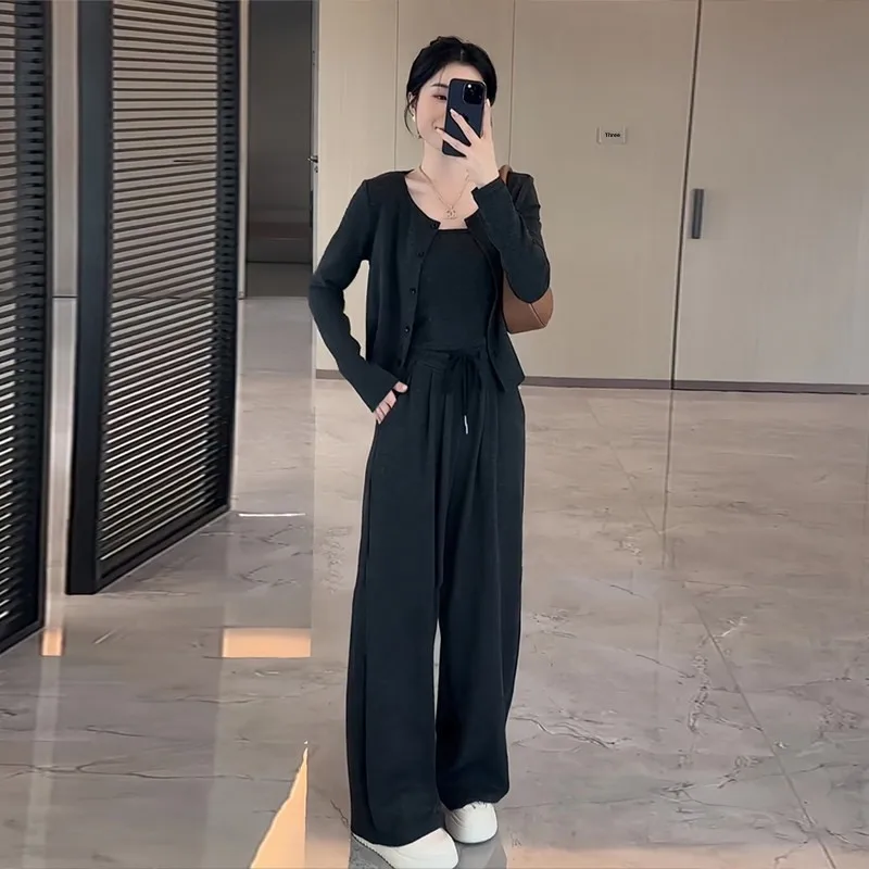 Early Autumn Casual Style Commute Long Sleeve Open Cardigan Tank Top Elastic Waist Wide Leg Pants Three Piece Set Women (Women's Clothing)