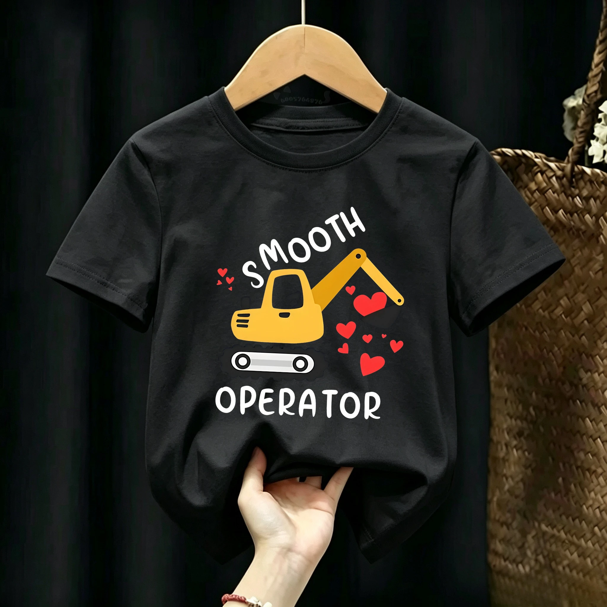 Children's Construction Truck Smooth Operator Excavator Print Cotton T-Shirt - Soft and Comfortable Clothing for Young Children