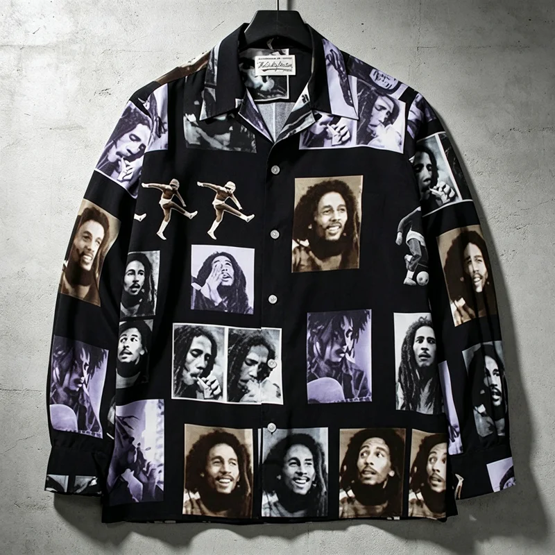 

Long Hair Male Portrait Print Wacko Maria Shirt Men Women High Quality Hawaii Holiday Loose Long Sleeve Shirt Clothes