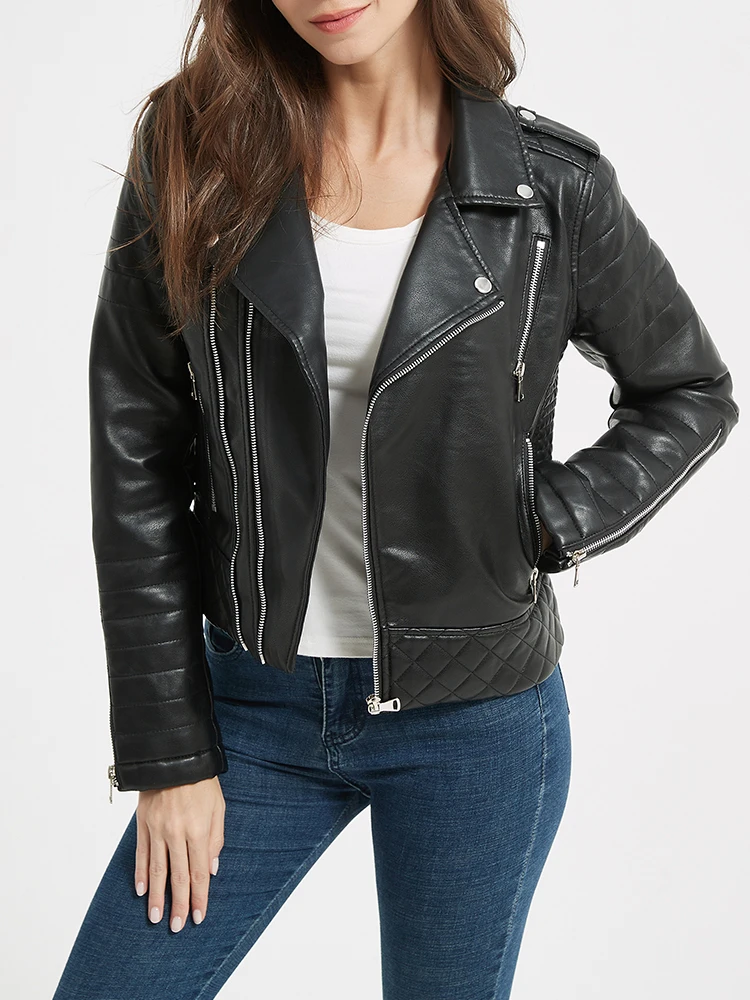 Ailegogo-Chaqueta corta de cuero sintético para mujer, abrigo de Moto con cremallera, color negro, ropa de calle para primavera y otoño, novedad
