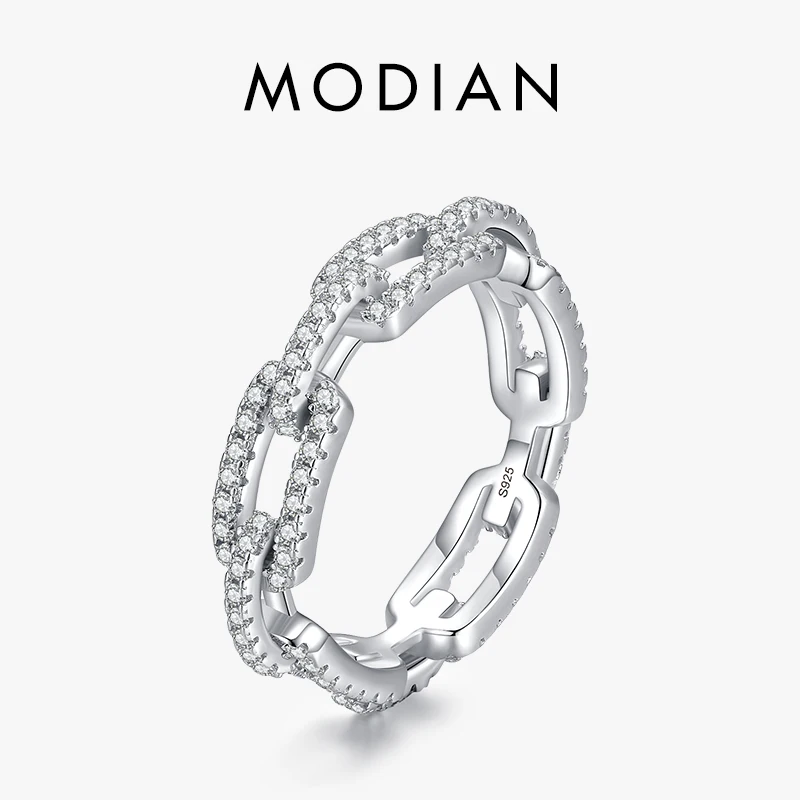 Modian 925 Sterling Silver Trendy Sparkling Clear CZ Fine Jewelry Akcesoria Symulowane diamentowe pierścionki łańcuszkowe dla kobiet