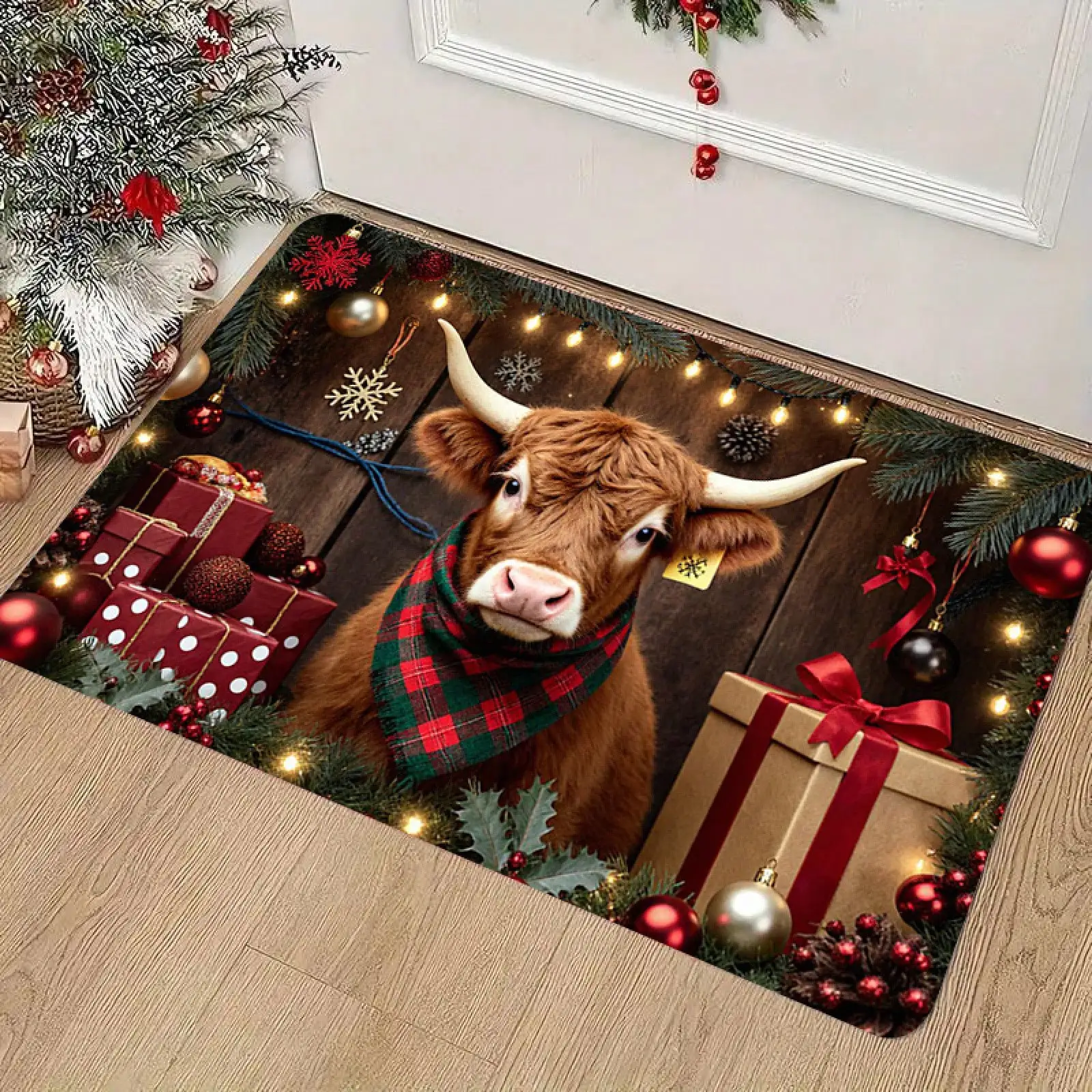 1pc Highland Cow Gift Pattern Printed Doormat, Soft And Comfortable Flannel Mat, Suitable For Indoor Entryways, Living Rooms, Bedrooms, Kitchens, Dining Rooms