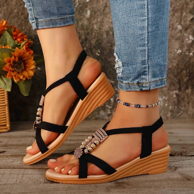 2026 New Summer Open Toed Water Diamond Women's Slope Heel Sandals Shang Shi Women's Leisure Foreign Trade Beach Shoes Children