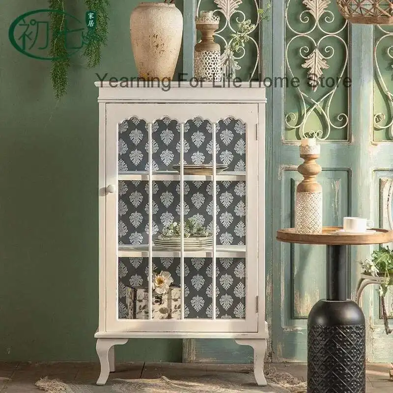 

French Vintage Living Room Cabinet Sideboard Buffet Console Cabinet Coffee Bar Storage with Rattan Decorated Comodas Con Cajones