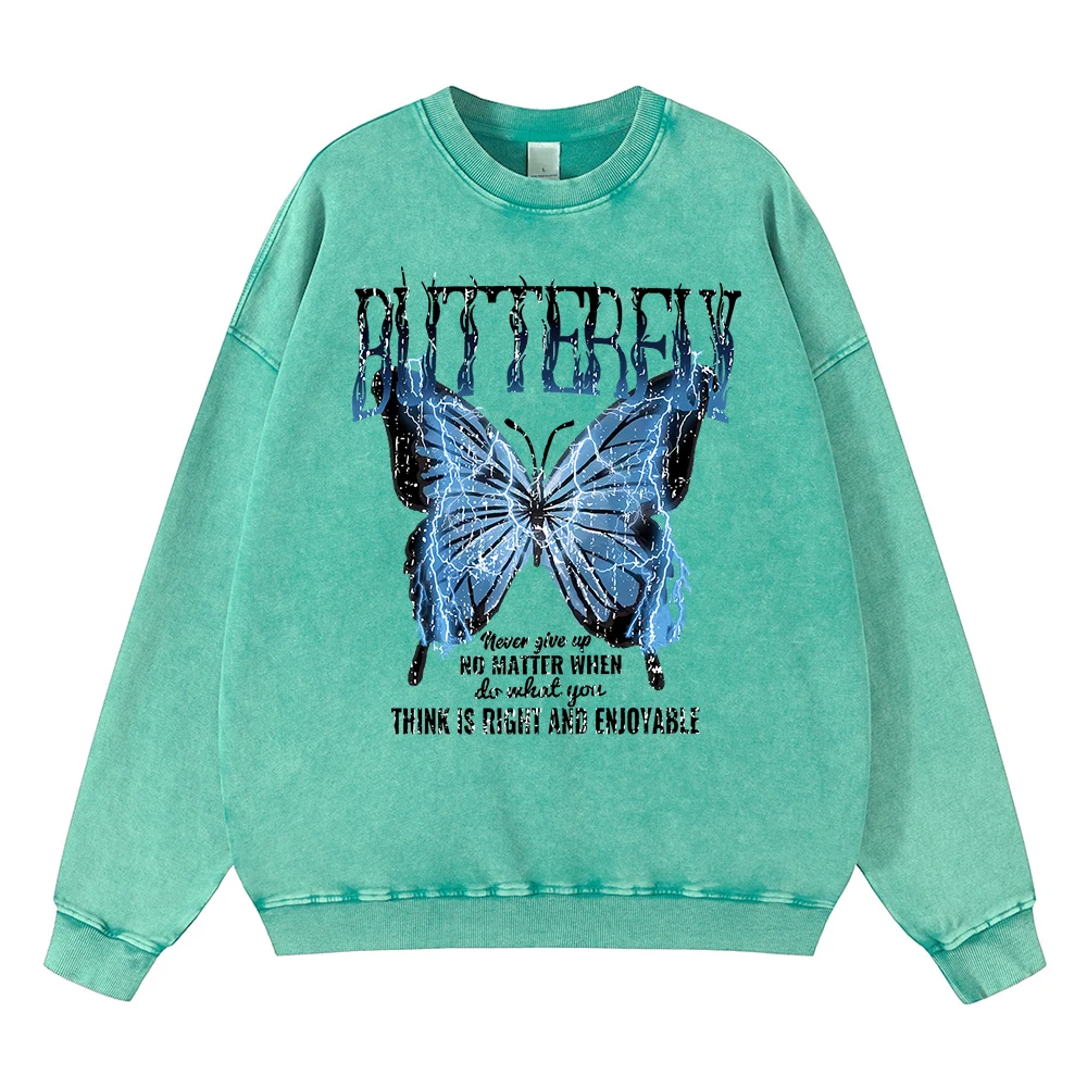 

Vintage Distressed Washing Blue Lightning Butterfly Creative Word Hoodies Men Clothes Autumn Oversized Warm Cotton Fashion Hoody