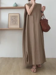 Solid Color Casual Loose Elegant Korean Sleeveless Straight Tank Dress Female New Summer High Quality Women's Long Dresses