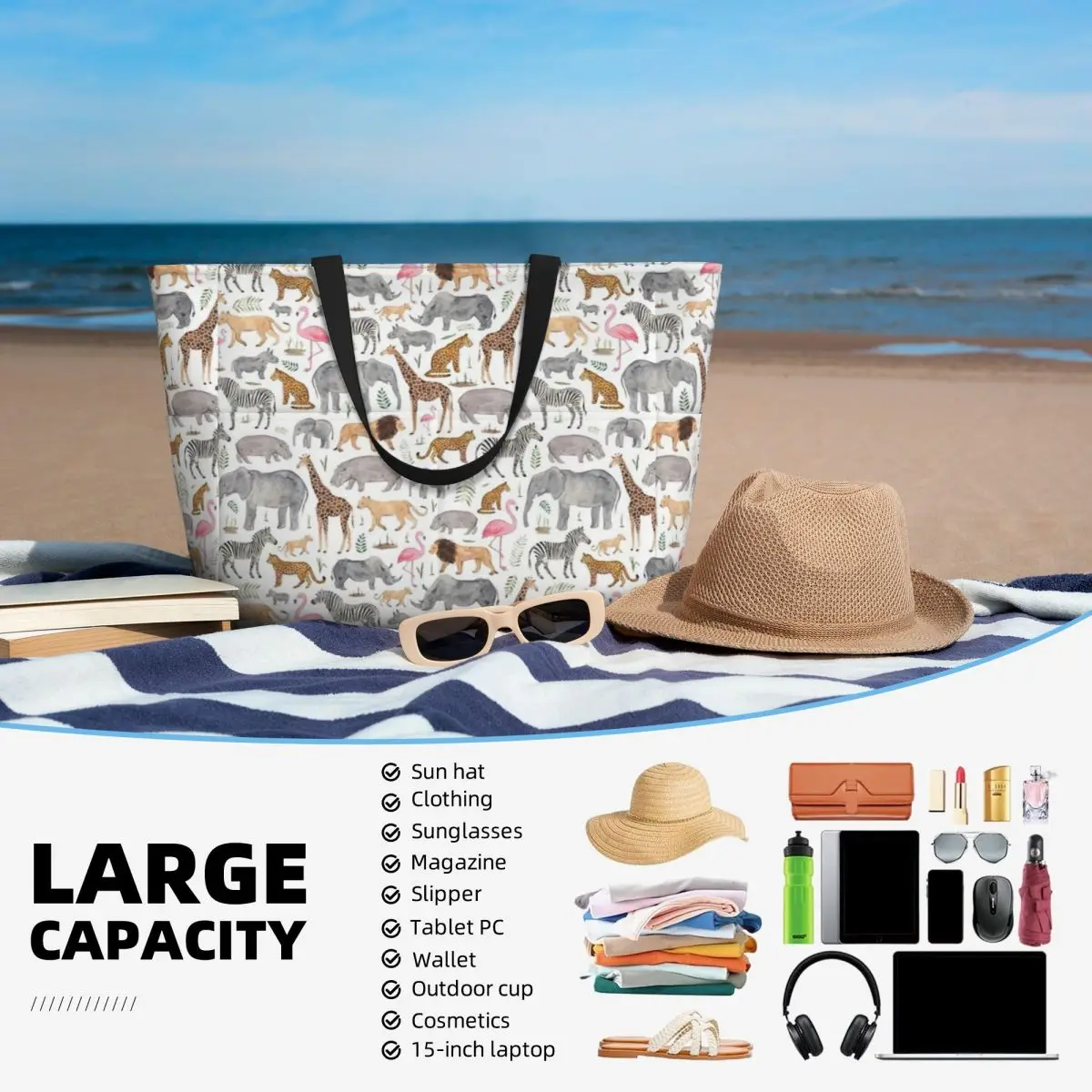 Safari Animals Beach Travel Bag, Tote Bag Holiday Practical Gifts Shoulder Bag Multi-Style Pattern