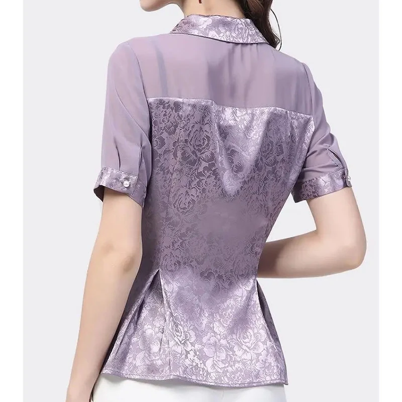 Office Lady Solid Patchwork Button Chiffon Shirt Summer 2023 New Notched Collar Short Sleeve Slim Cardigan Tops Women\'s Clothing