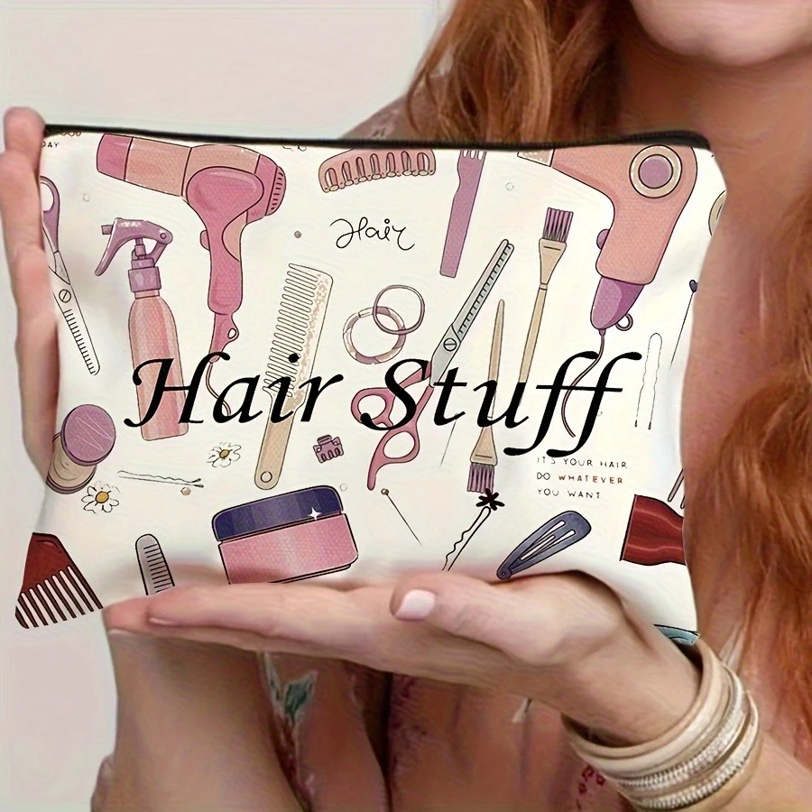 Stylish Hairdresser Design Makeup Travel Bag - Zipper Closure Foldable Toiletry Organizer with Hairstyling Tools Pattern