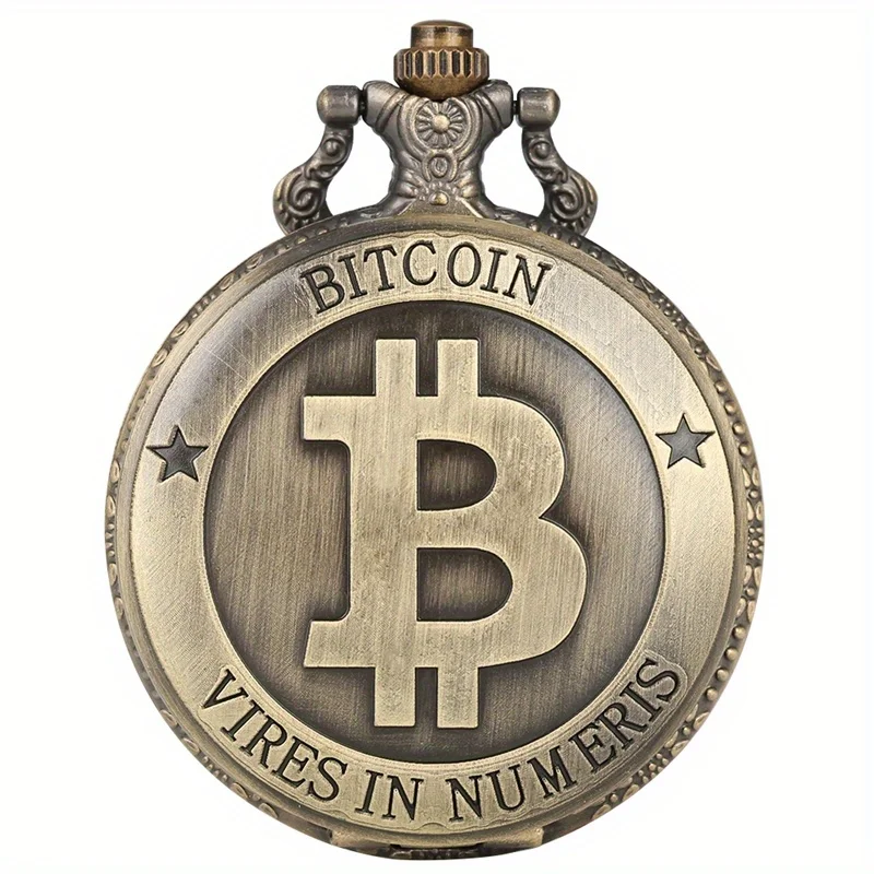 Antique Bronze Bitcoin Pattern Quartz Pocket Watch Exquisite Engraving Souvenir Pendant Pocket Clock Gifts Men Women