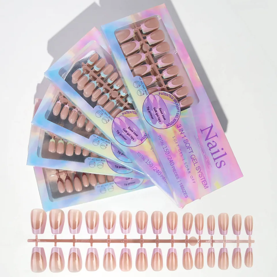 150 piezas uñas postizas de 6 colores y múltiples tamaños, almendra francesa removibles 2