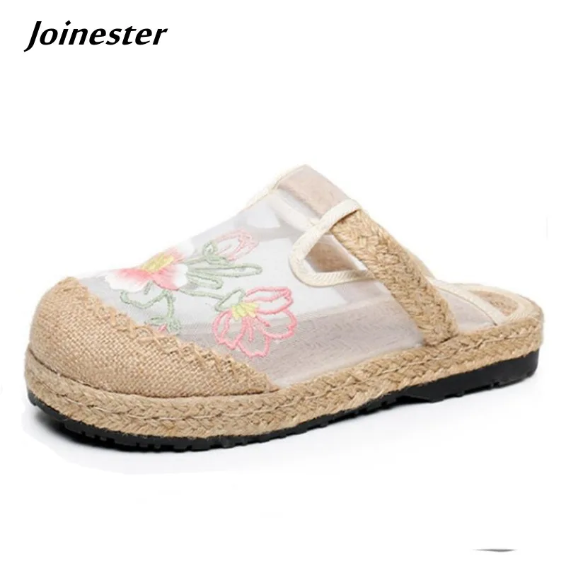 Women Hemp Wide Toe Casual Summer Air Mesh Slipper Breathable Embroidered Ethnic Slides for Ladies Flat Heeled Slip on Mules