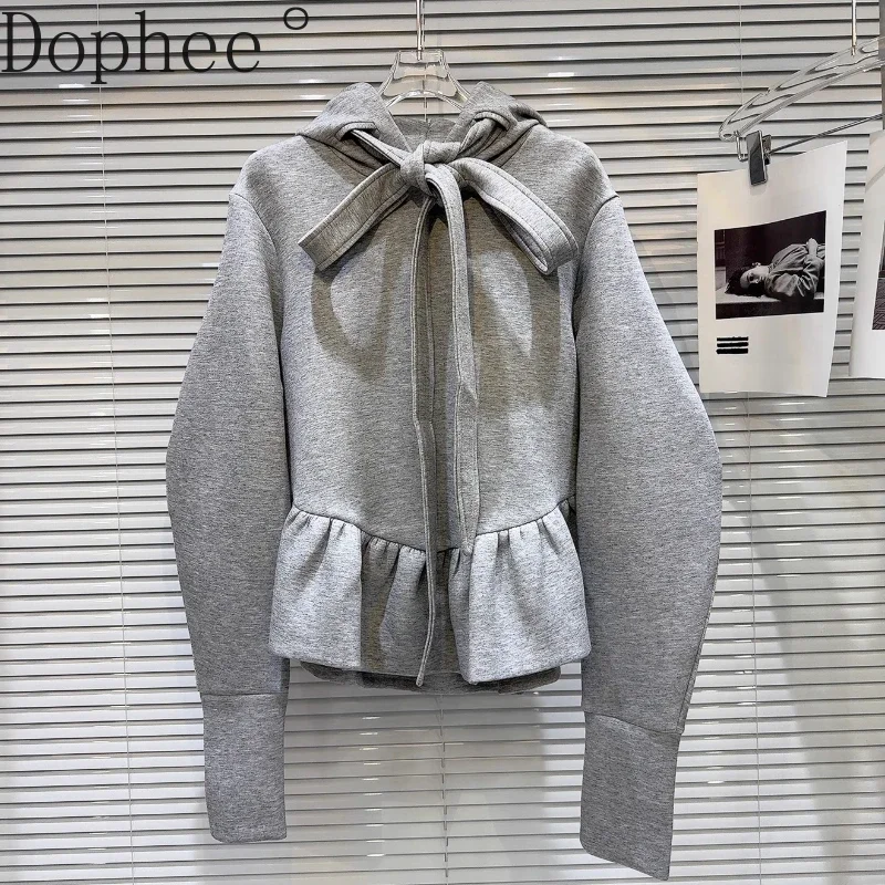 Spice Girls 2025 New Spring Solid Color Space Cotton Hooded Pullover Top Elegant Hoodie Bandage Bow Cute Long Sleeve Sweatshirt