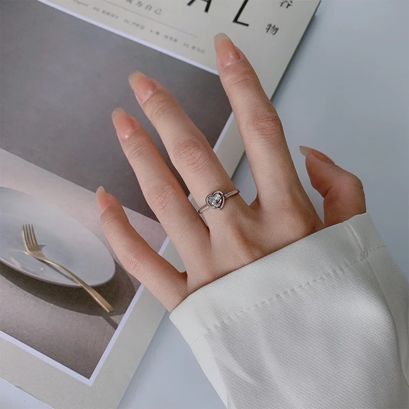 

Silver Heart Pink Stone Rings for Women Couple Wedding Engagement Silver Women's Ladies Vintage Ring Fine Jewelry Accessories