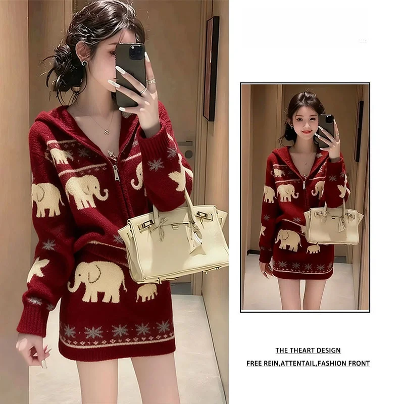 

Red Knitted Christmas Atmosphere Women's Set Lazy Style Top And Skirt Two-Piece Suit Autumn Winter New Arrival