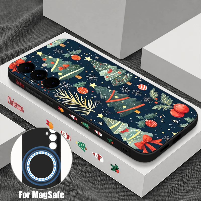 Christmas Tree Pattern Phone Case For Samsung Galaxy S25 FE S26 S24 S23 S22 Ultra Plus For Magsafe Magnetic Lanyard Soft Cover