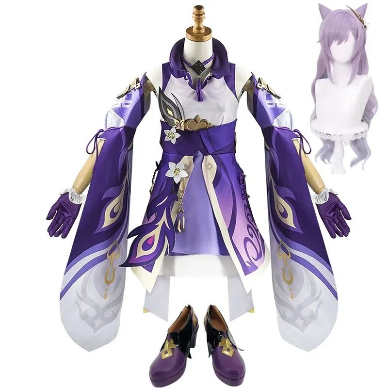 qq023Keqing Cosplay Costume with Headwear Ke Qing Wig Shoes Women Girl Dress Uniform Set Halloween Carnival Party Role Play Outf