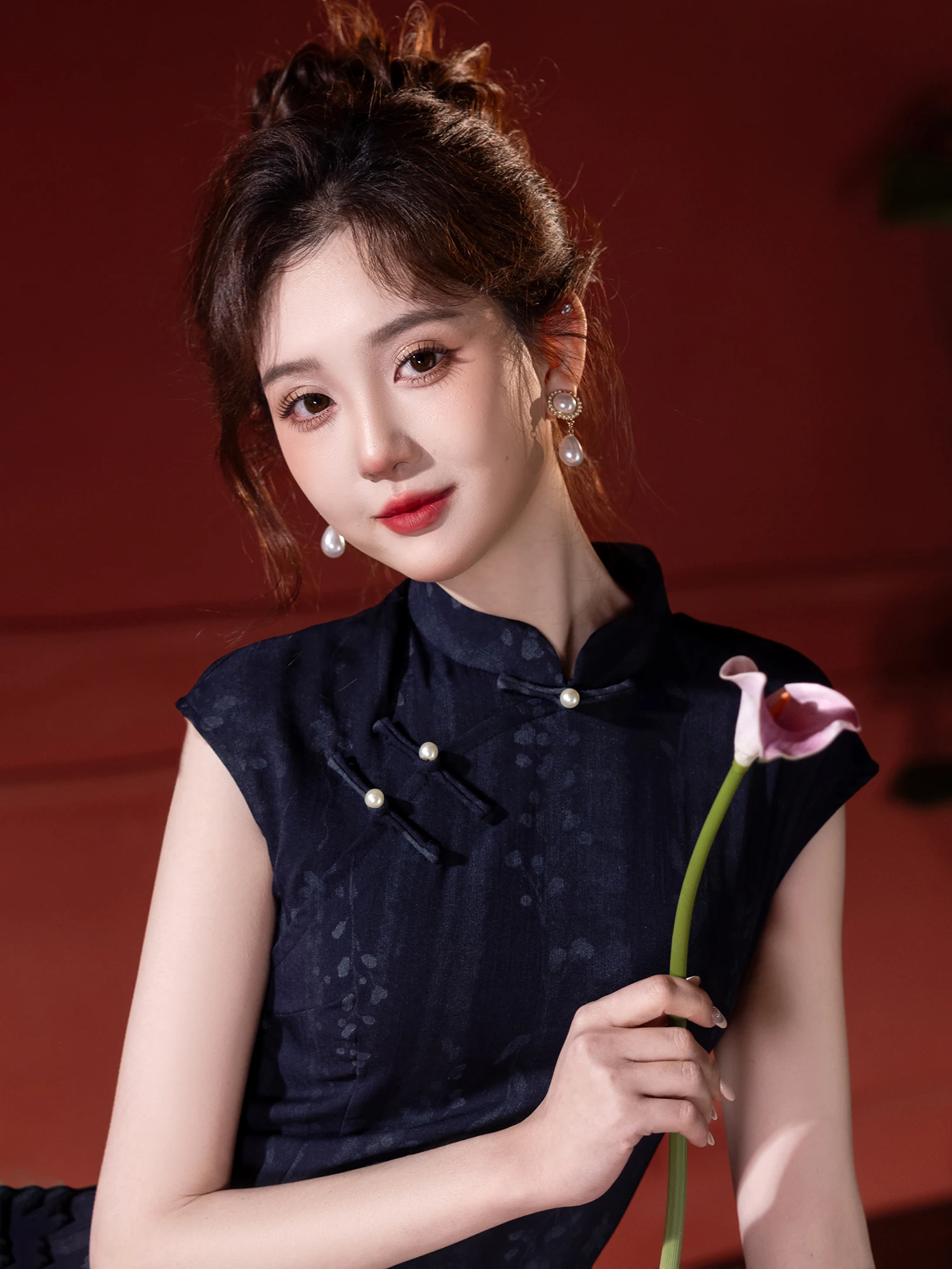 

Синее шелковое платье миди Aosphere Dr Elegance Reformed Chinese Sle для женщин, весна-лето, высококачественное