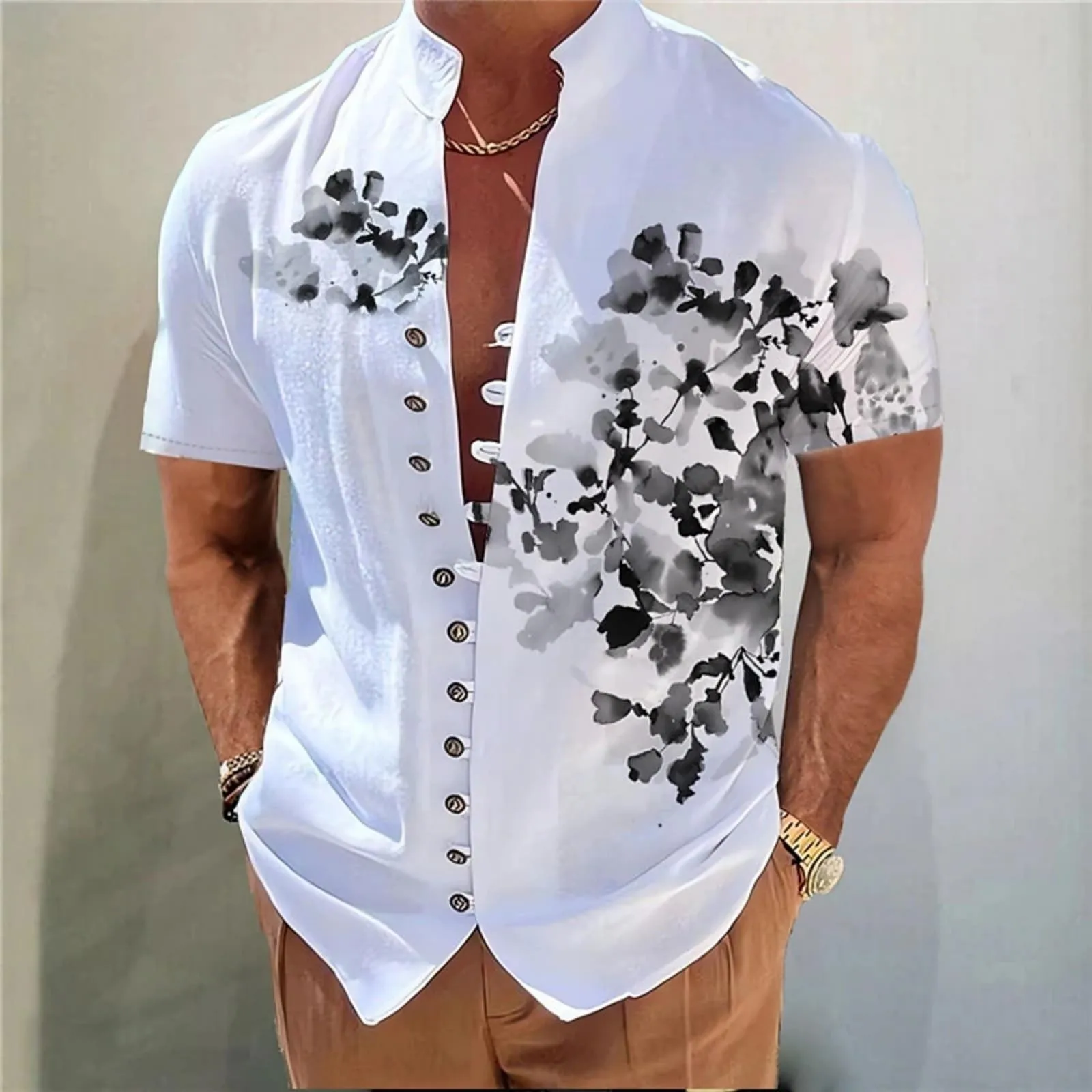 Мужская рубашка с коротким рукавом и 3d цифровой печатью 2025 с пряжкой и лацканами, винтажная мусульманская мужская одежда Y2k, удобная хлопковая брендовая рубашка