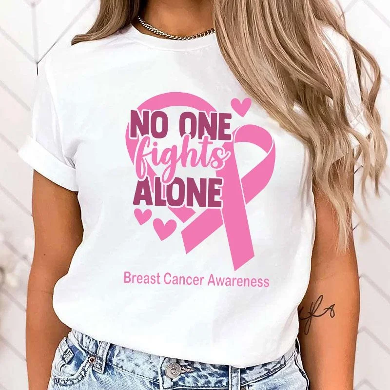 

New No One Fights Alone Breast Cancer Awareness Print T-Shirts Women Summer Cool Short Sleeve Casual T-Shirts Round Neck Tops