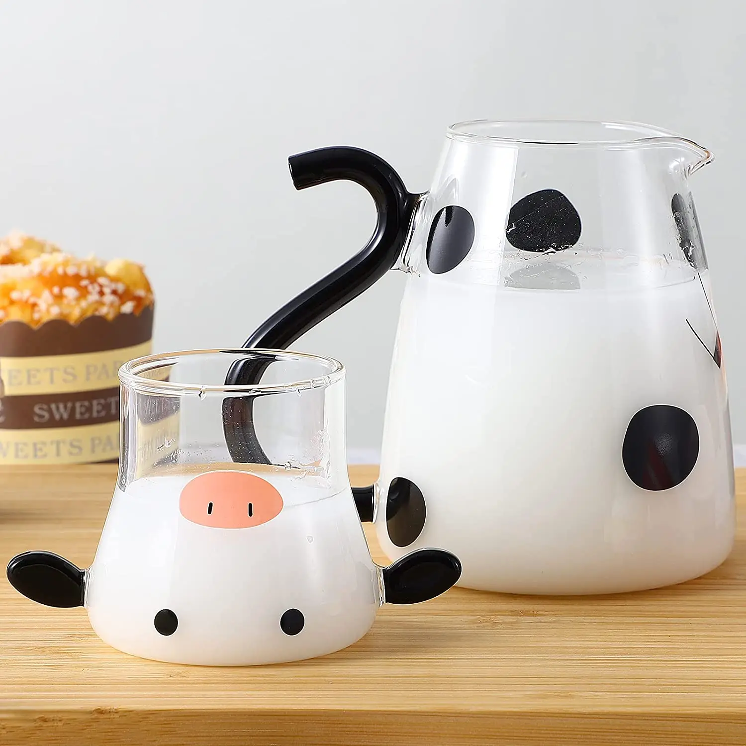 YWDL Glass Water Carafe Set With Cup Lovely Cartoon Cow Cold Kettle Flowering Teapot Canister Milk Iced Beverage Bottle Jug