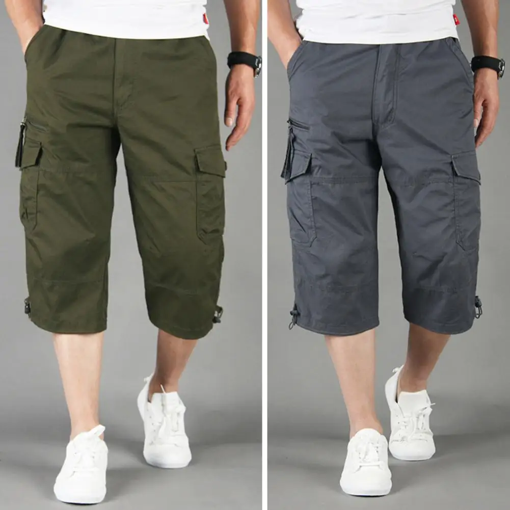 Knee Length Cargo Shorts Men's Summer Casual Cotton Multi Pockets Breeches Cropped Short Trousers Shorts