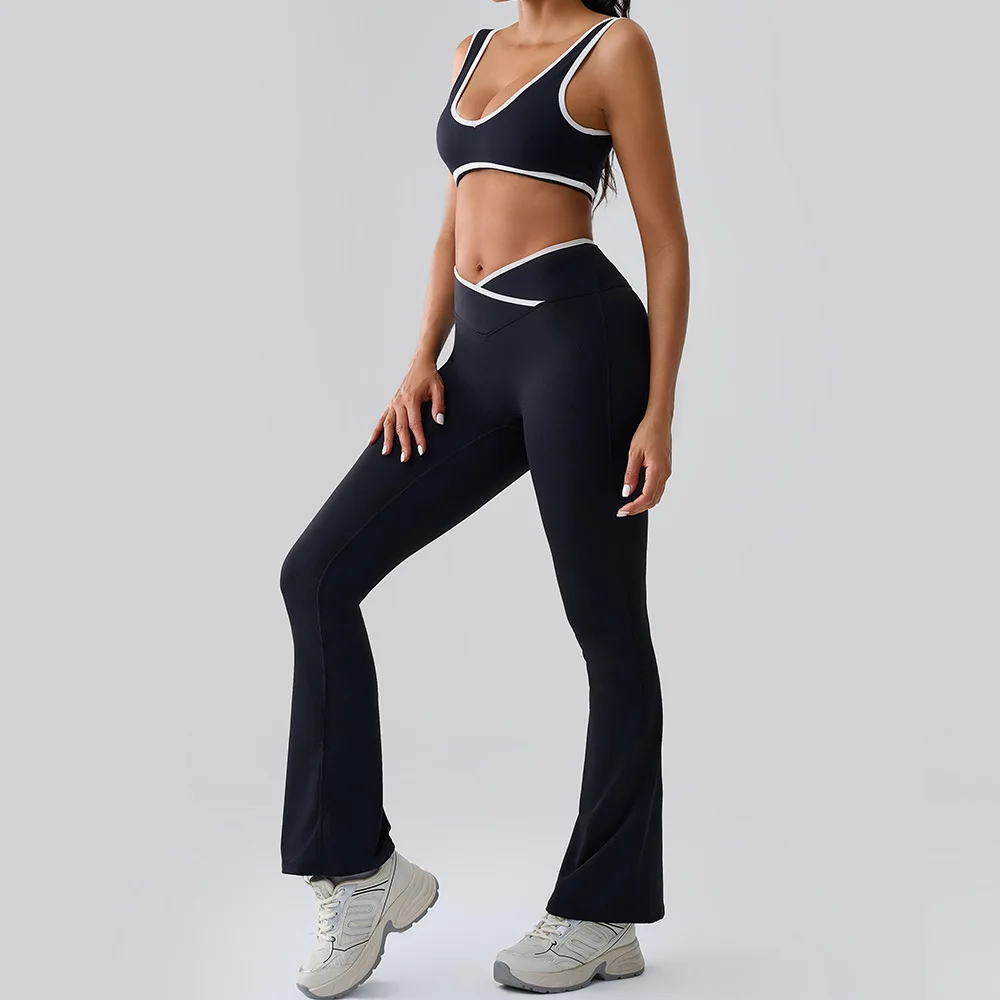 Women's 2-Piece Yoga Set Cross-Waist Flared Yoga Pants & Outdoor Sports Bra Quick-Dry High-Elasticity Workout Gym Running Outfit