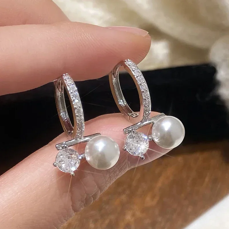 

Real 925 Sterling Silver Zircon Pearl Geometric Hoop Earring for Women Trendy Fine Jewelry Minimalist Light Luxury Accessory