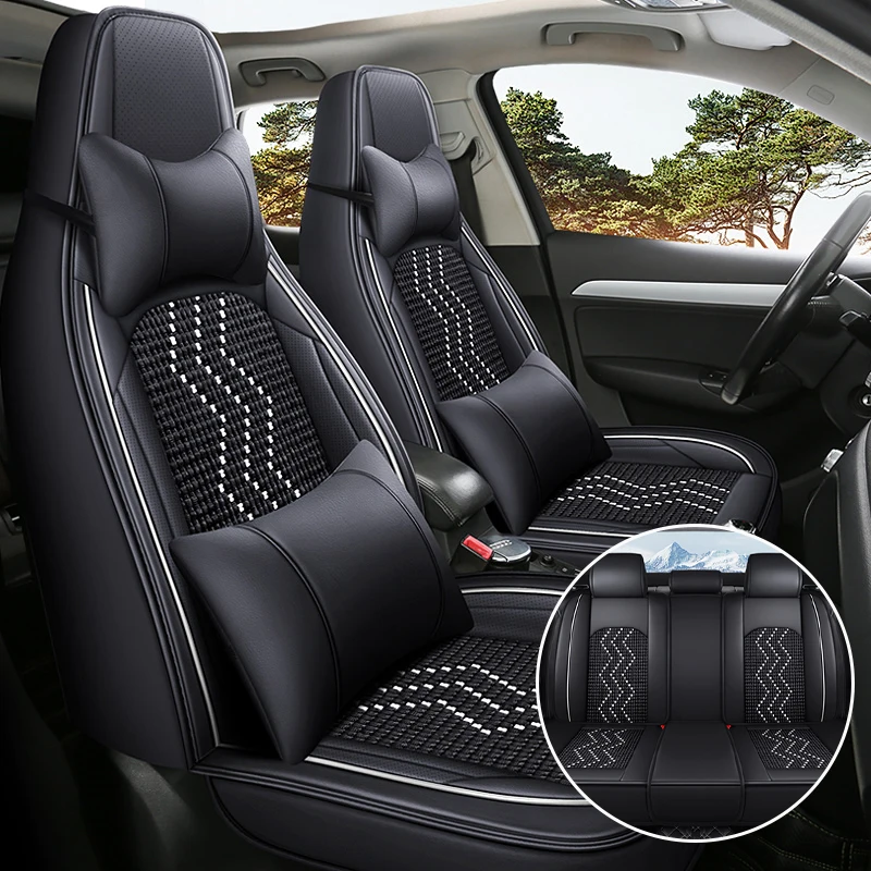 (Luxury Edition) the Car Has Five Seats, Equipped with 2 Headrests and 2 Lumbar Supports, Luxury Ice Silk Full-Cover Integrated Car Seat Covers, Universal Fit, Made of Multi-Layer Composite Material, Breathable and Not Stuffy, Comfortable for All Seasons, Easy to Clean and Maintain, with Three-Dimensional Winged Support, Enhancing Your Driving Experience, Available in Five Colors, Suitable for Sedans, Suvs, Trucks and Other Various Vehicle Types
