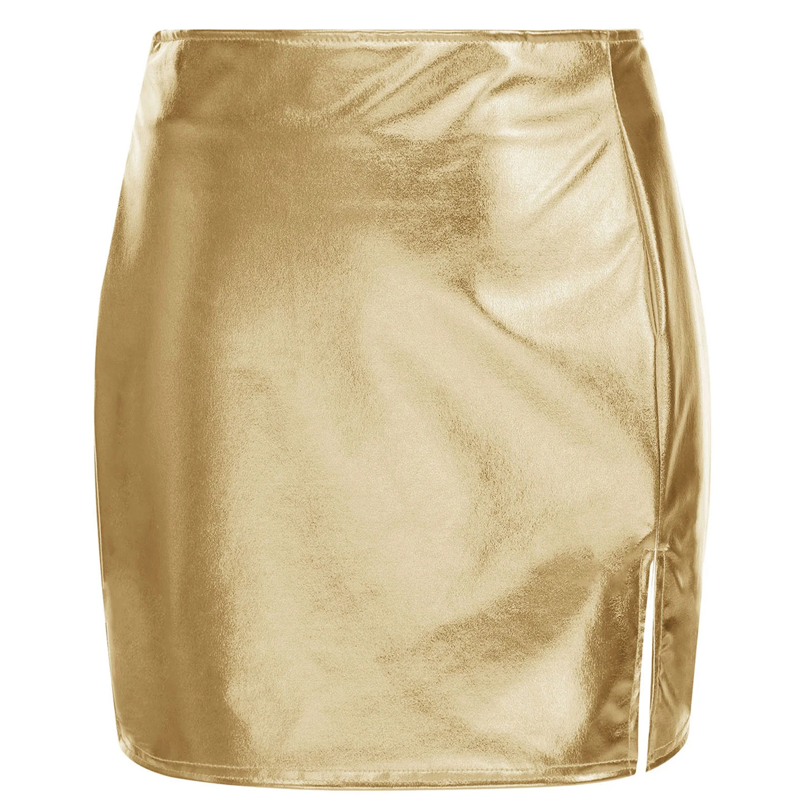 女性用シシーハイウエストメタリックシャイニーペンシルミニスカート、ボディコンチューブハイ スリットスカート、ロックミュージックフェスティバル、レイブ、クラブパーティー用