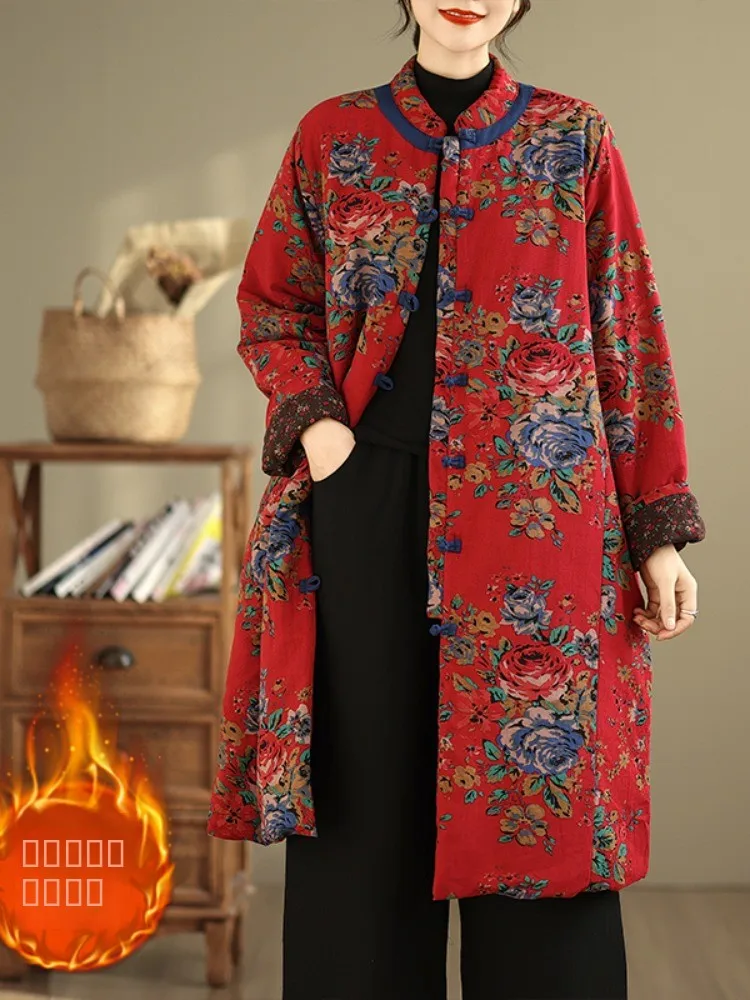

Утепленное хлопковое женское пальто средней длины с пуговицами и цветочным принтом, свободного кроя, для повседневной носки, в традиционном китайском стиле Тан
