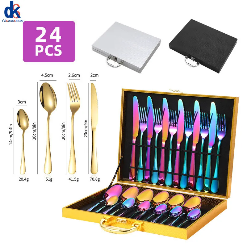 

24pcs Stainless Steel Rainbow Tableware Set Dinnerware Knife Fork Coffee Spoon Cutlery Sets Western Dinner Flatware Gift Box