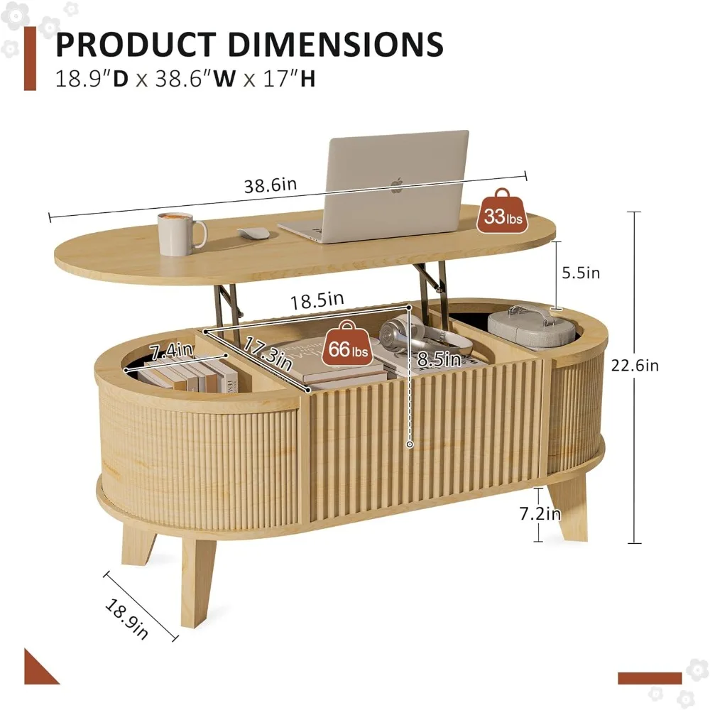 Meja Kopi Oval Modern dengan Penyimpanan Tersembunyi, Desain Bergalur untuk Ruang Tamu dan Kantor Rumah, Finishing Alami