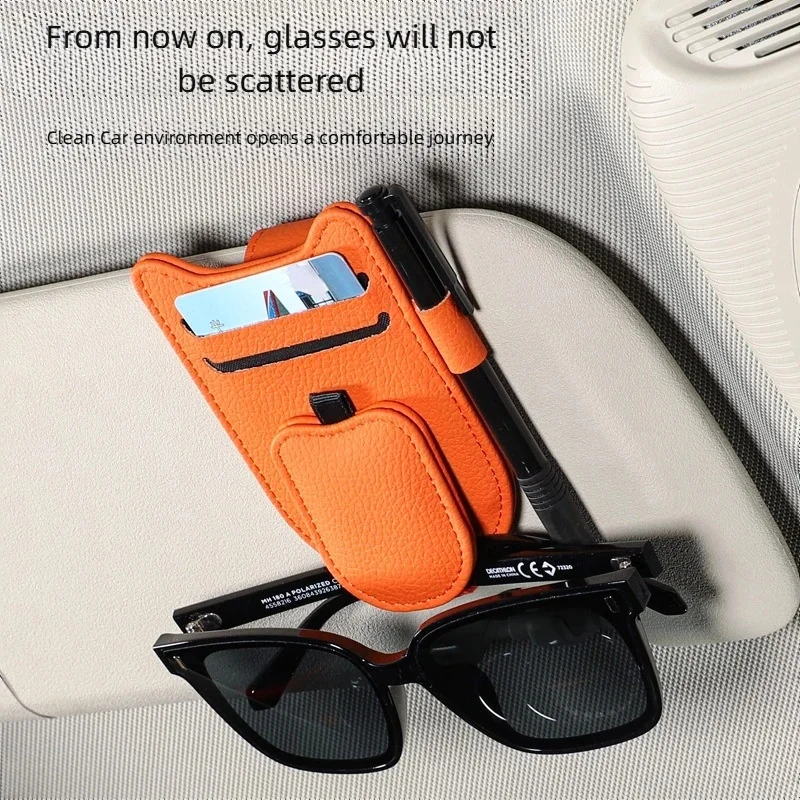 Magnetic Car Sun Visor Sunglasses Holder PU Leather Glasses Clip Card Ticket Storage Organizer Universal Auto Interior Accessori