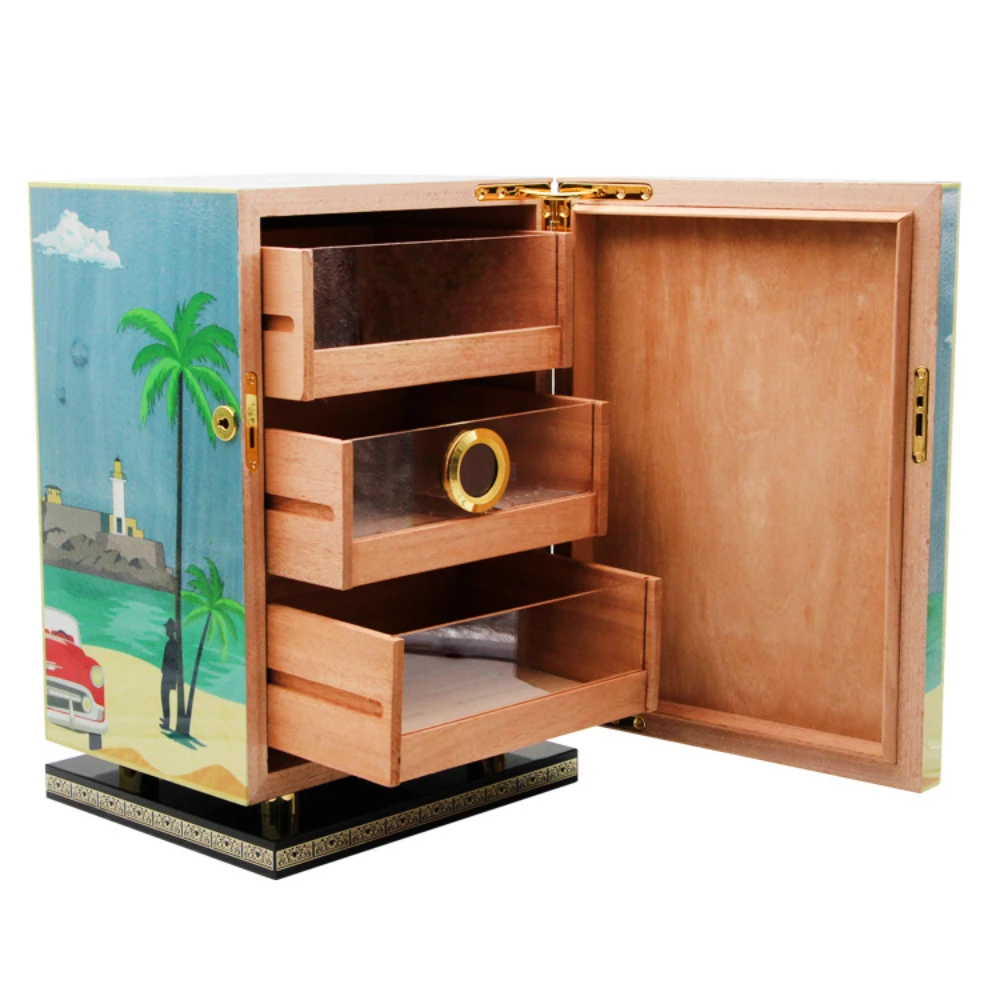 

European Style Lockable Cigar Cabinet Three Layer with 100 Snow Cigars Capacity Cedar Wood Base Finish Humidification Sy